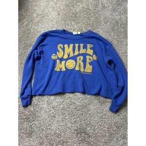 SmileyWorld Smile More Cropped Sweatshirt Blue Yellow Graphic Pullover Medium